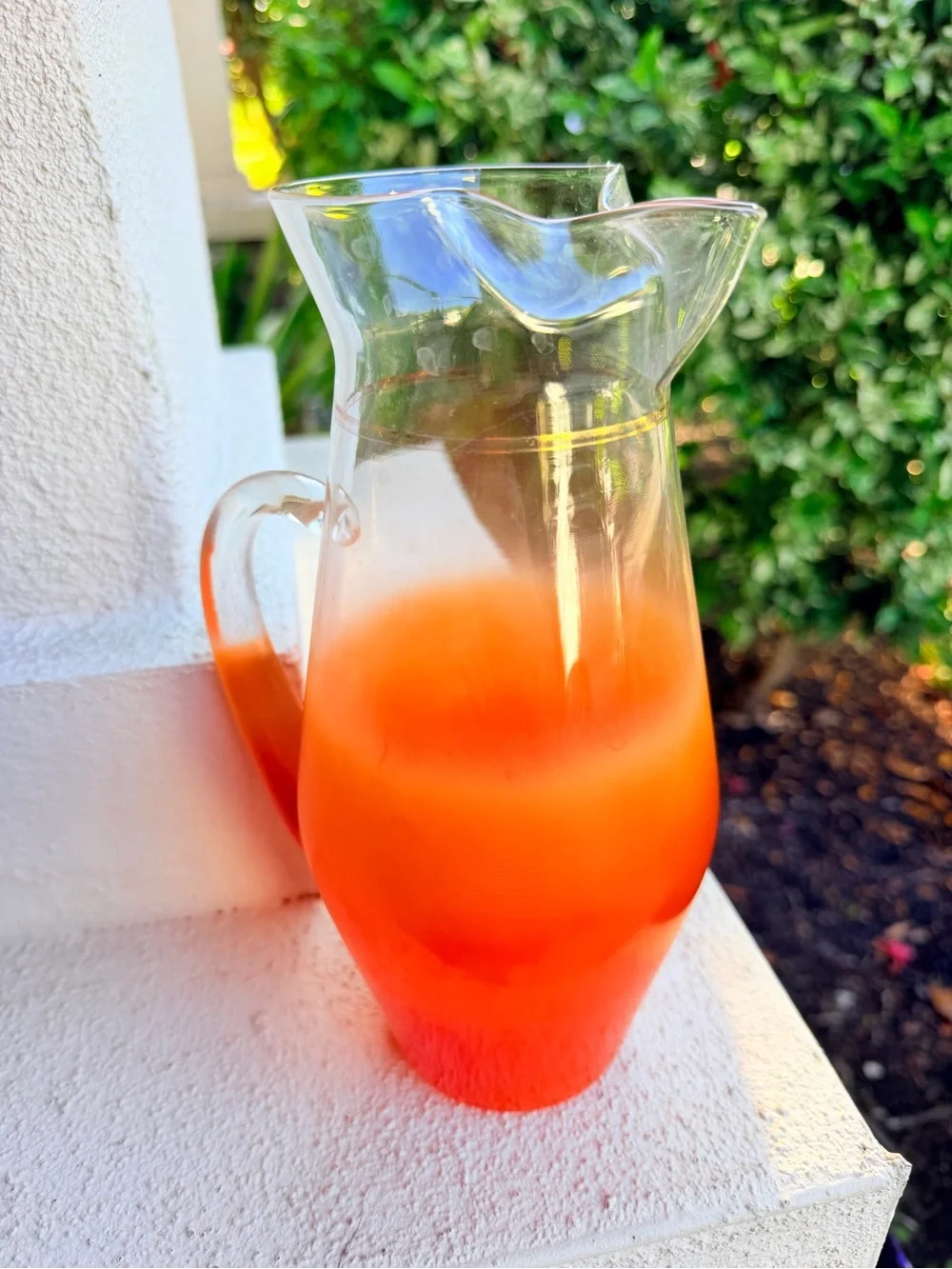 Vintage Orange Ombré Art Glass Pitcher Clear Applied Handle Wavy Rim
